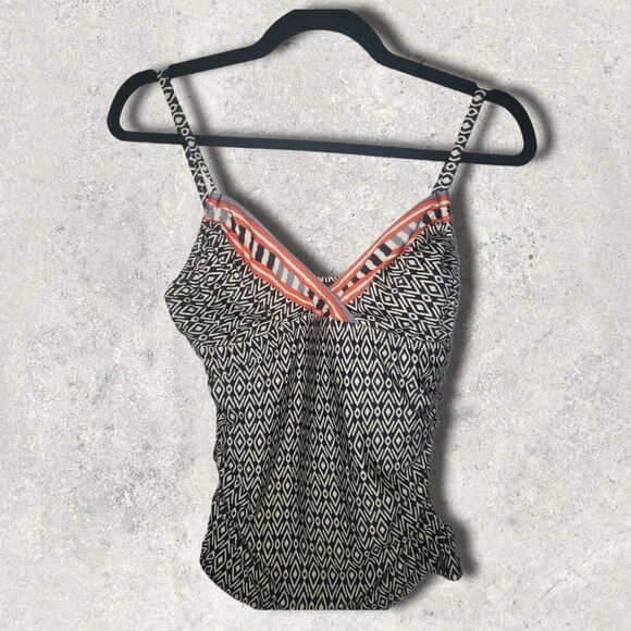 Kenneth Cole Tankini Top V Neck Removable Pads Geometric Black White S - Picture 2 of 6